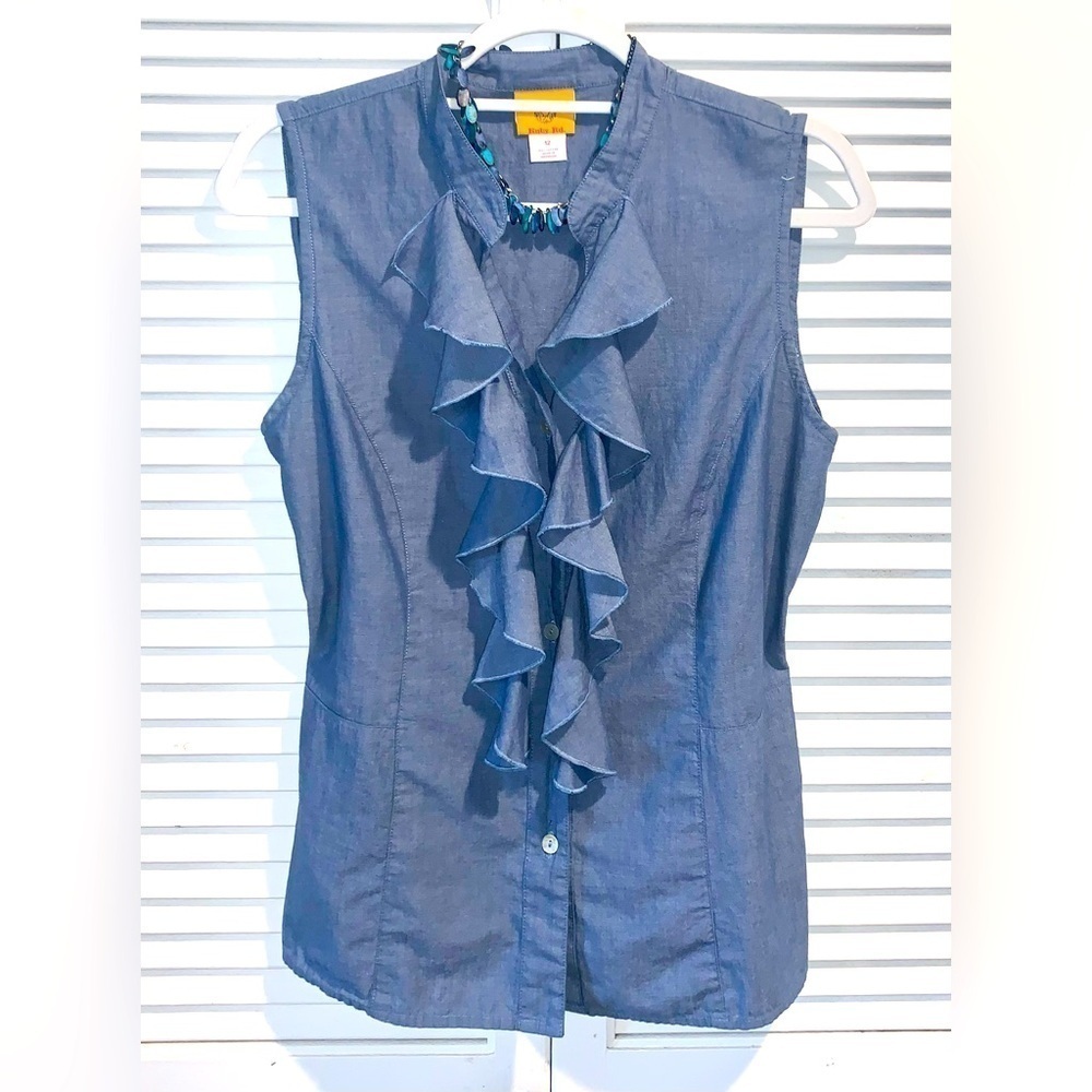 Ruby Rd. Blue Button Up Sleeveless Ruffled Blouse - image 1